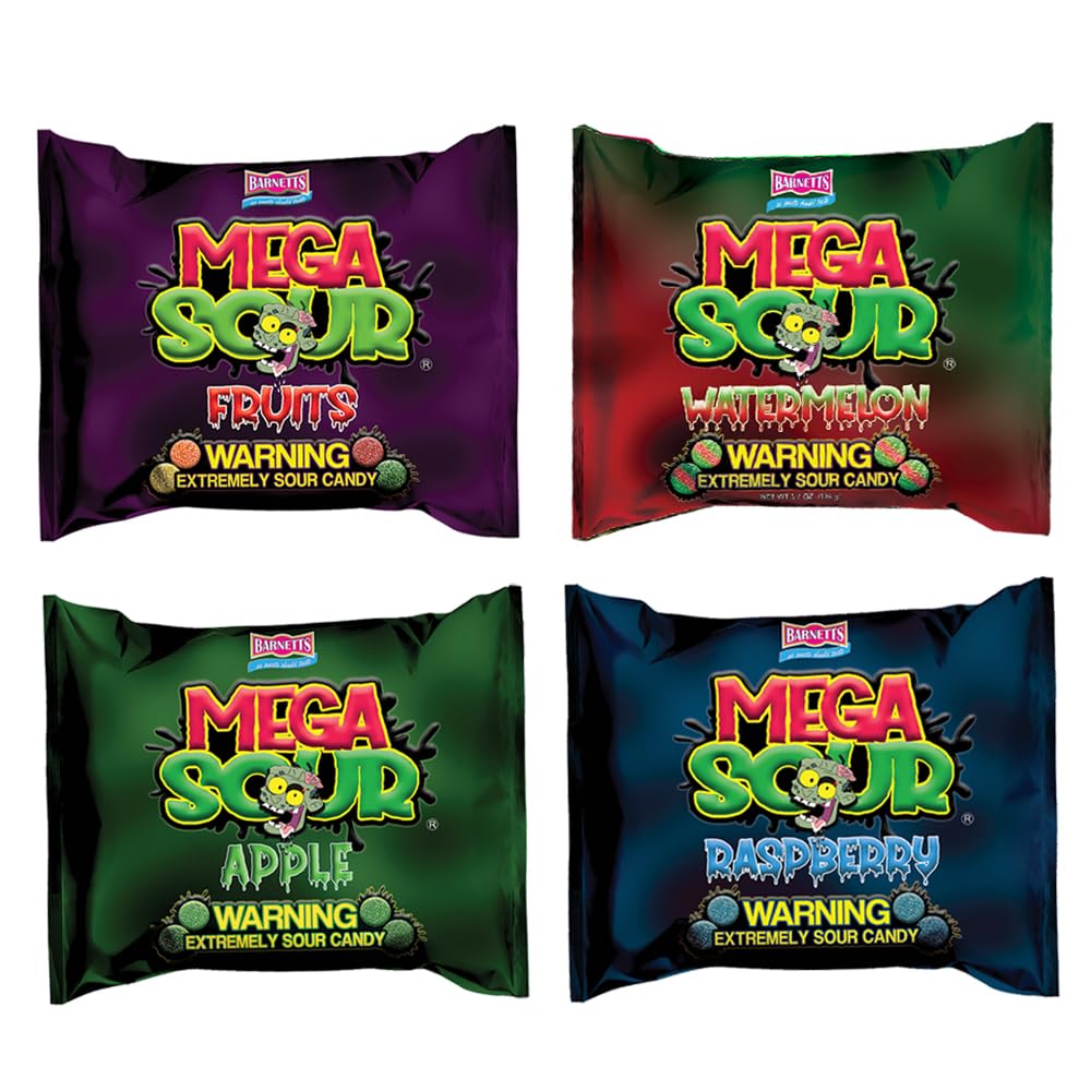 Barnetts Mega Sour Apple pack closeup, intense sour coating meets crisp apple.