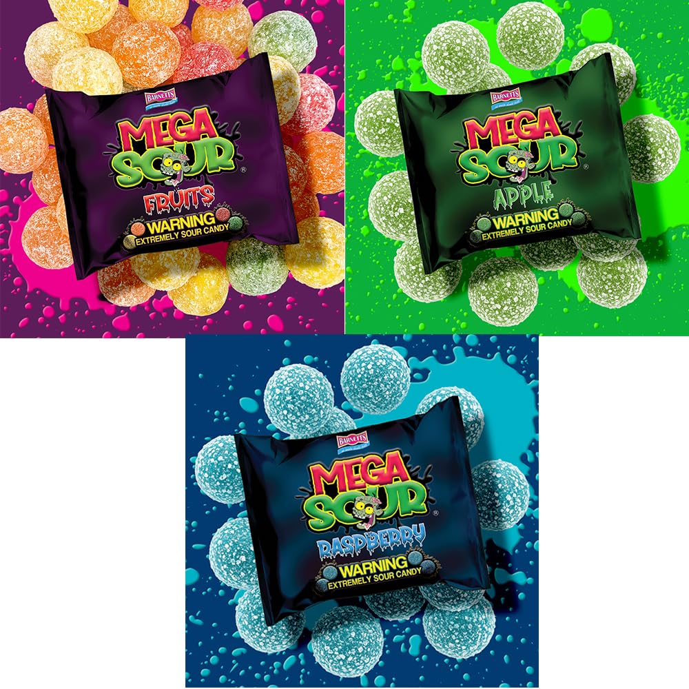 Barnetts Mega Sour Fruits 104g pack offers bold flavours for on-the-go snacking.