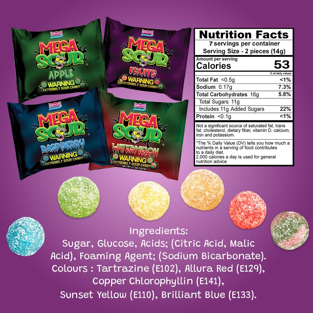 Barnetts Mega Sour Fruits closeup, mixed flavors for adventurous sweet-tooth moments.