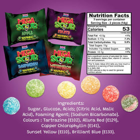 Barnetts Mega Sour Fruits closeup, mixed flavors for adventurous sweet-tooth moments.