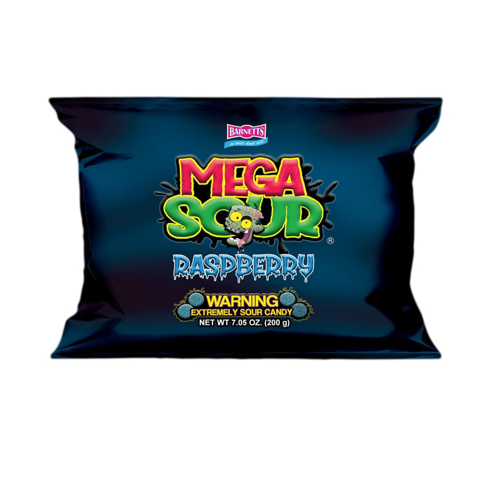 Barnetts Mega Sour Raspberry 200g packfront showing bold sour coating, ideal for sharing.