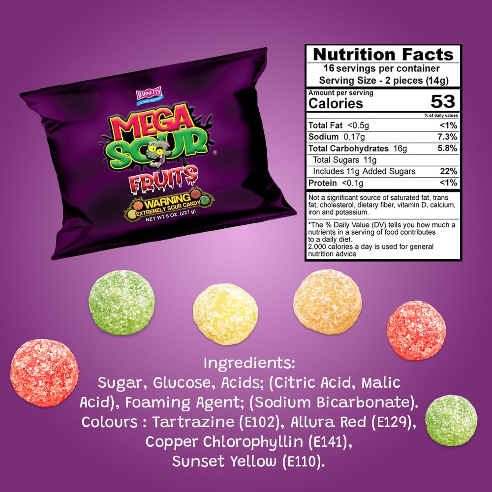 Barnetts Mega Sour Fruits coating texture highlights tangy sour layer