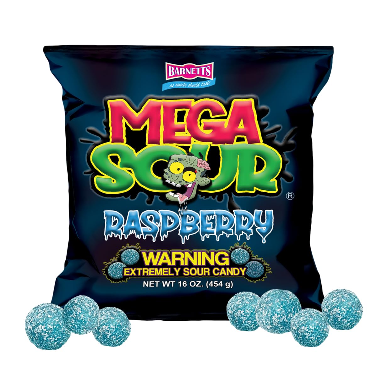 Barnetts Mega Sour Raspberry close-up highlights bold sour coating for a zingy bite