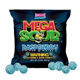 Barnetts Mega Sour Raspberry close-up highlights bold sour coating for a zingy bite