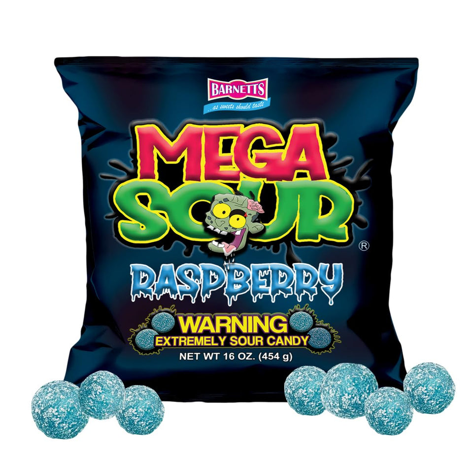 Barnetts Mega Sour Raspberry close-up highlights bold sour coating for a zingy bite