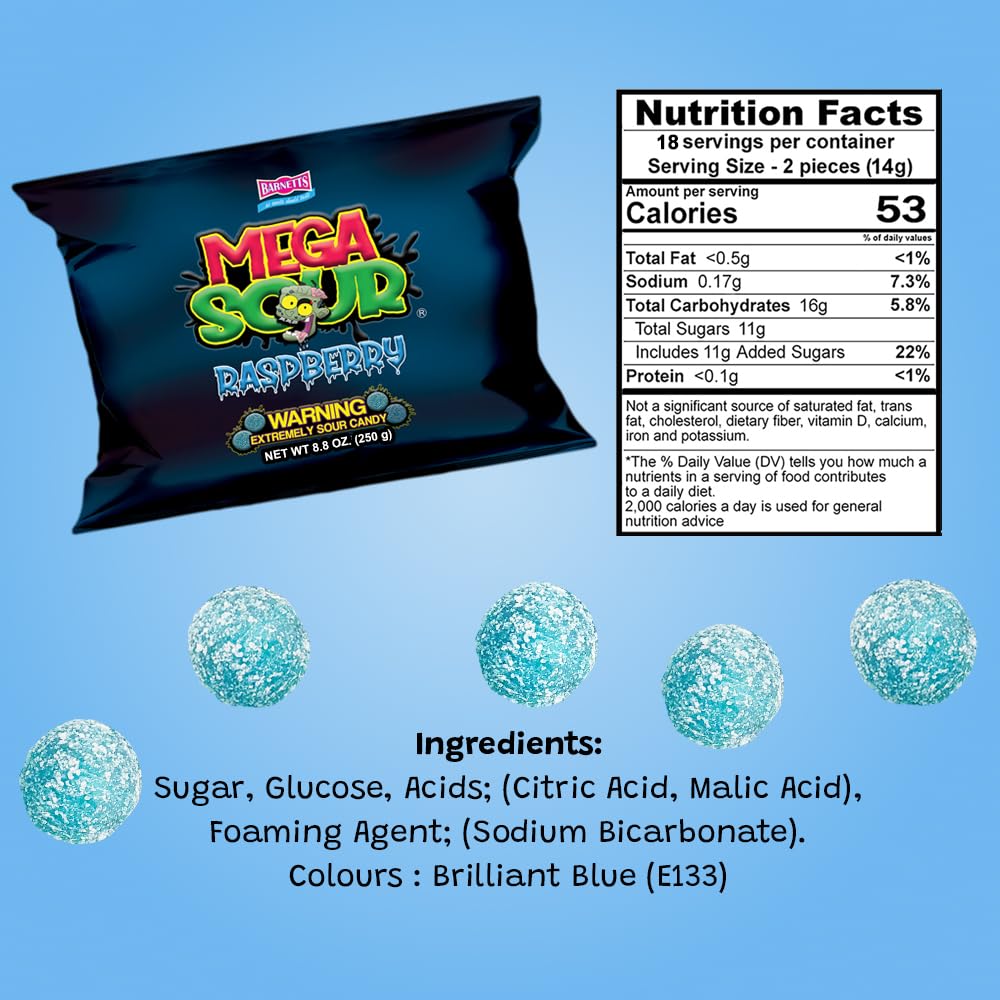 Packed Barnetts Mega Sour Raspberry pack on display at checkout.
