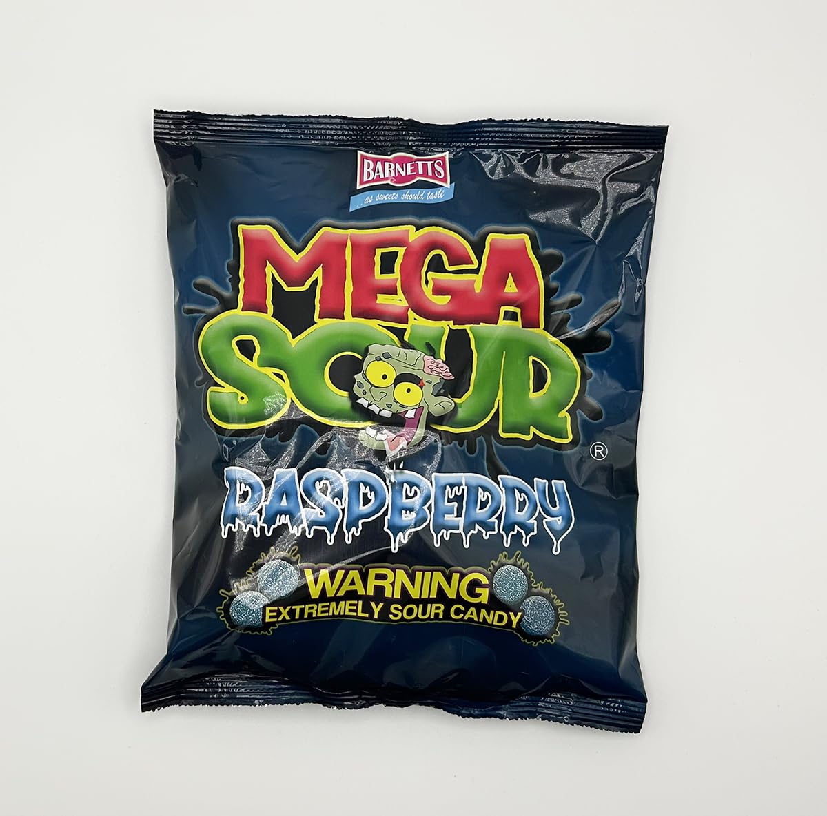 Sour coating detail on Barnetts Mega Sour Raspberry for intensity