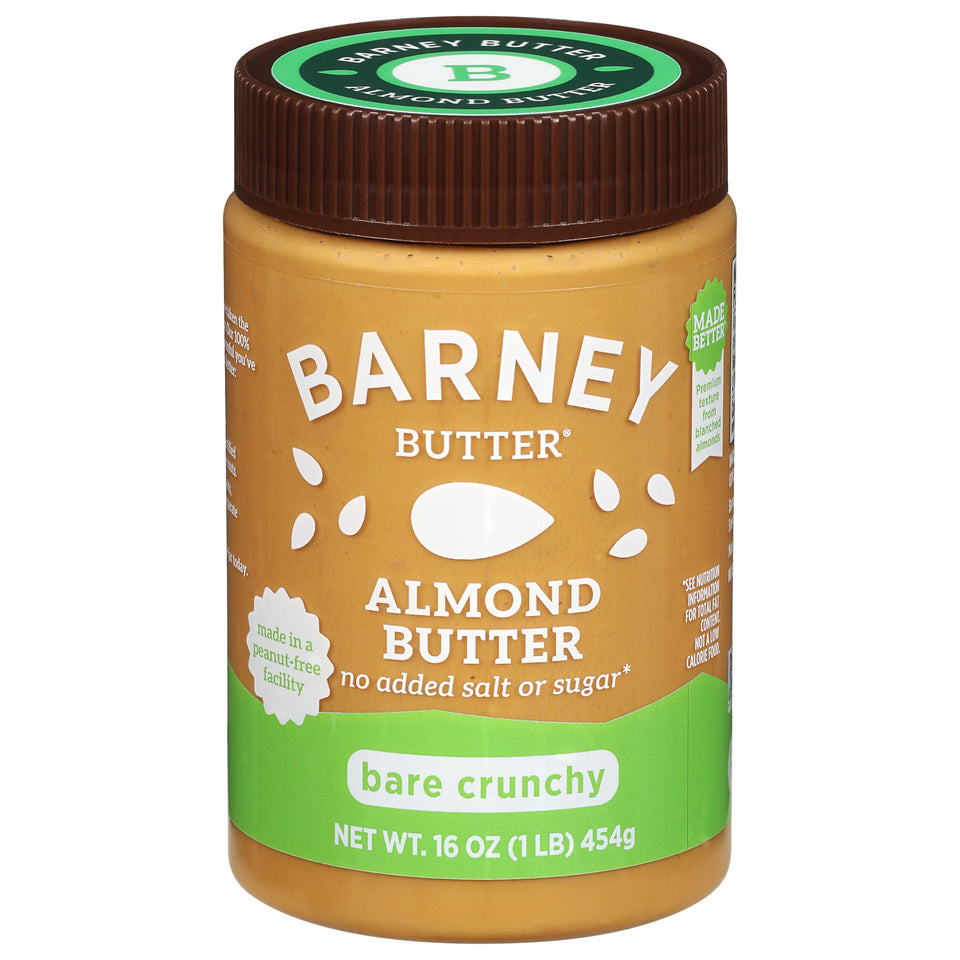 Barney Butter Almond Butter Bare Crunchy jar shows crunchy texture with no added sugar or salt