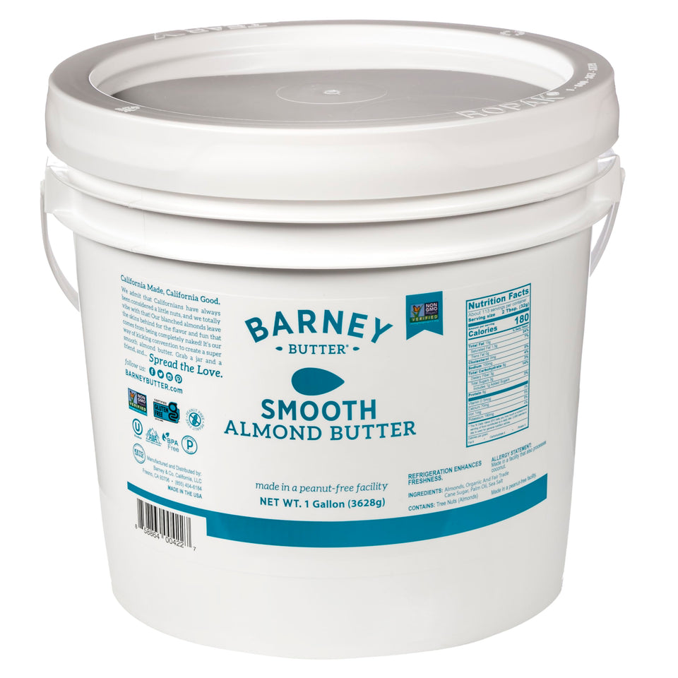 Barney Butter Smooth Almond Butter 1-gallon tub, ultra-smooth and easy to spread.