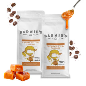 Barnie's Coffee creamy buttery caramel ground coffee bag showing smooth caramel aroma
