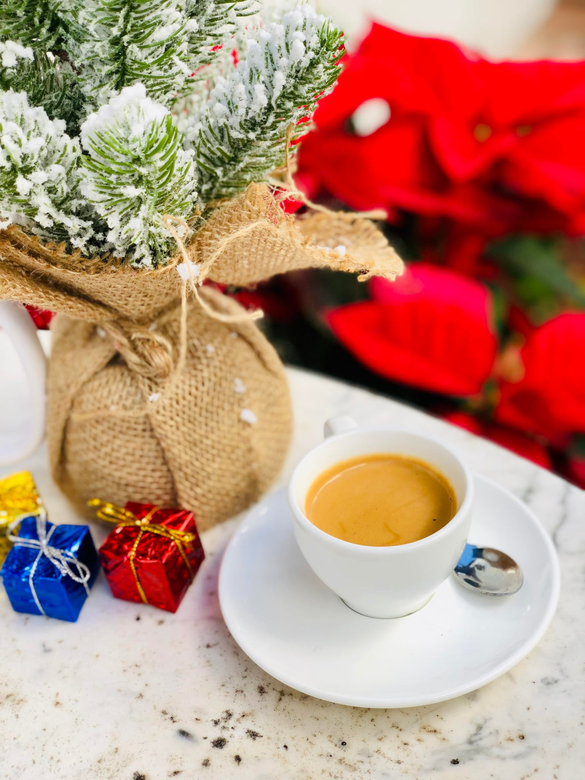 Cup of brewed Barnie's Santa's White Christmas with vanilla finish and coconut sweetness.