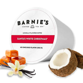 Barnie's Coffee Santa's White Christmas pods pack ready for festive Keurig brewing at home.