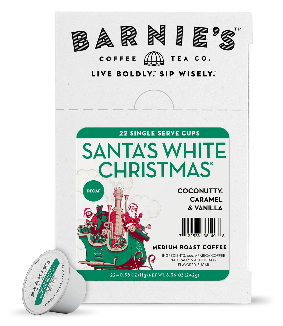 Barnies Santa's White Christmas K-Cup for Keurig brewers, rich medium roast aroma.
