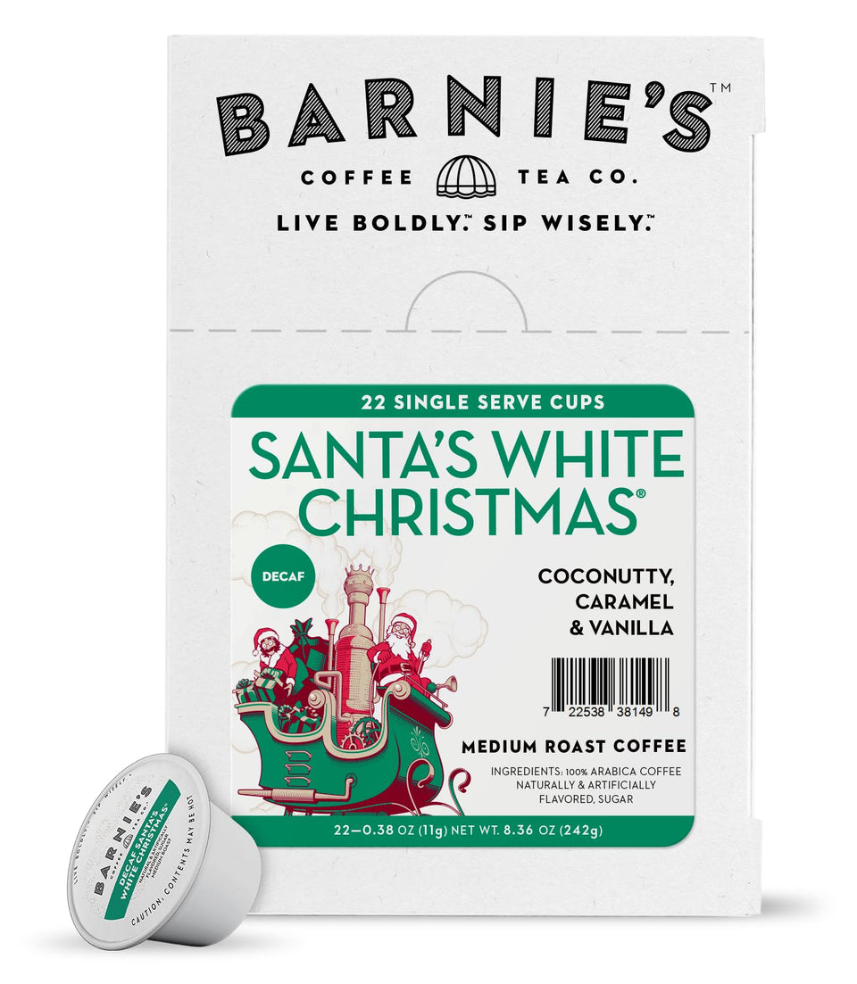 Barnies Santa's White Christmas K-Cup for Keurig brewers, rich medium roast aroma.
