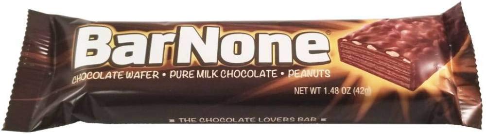 BarNone milk chocolate closeup reveals creamy coating and peanuts.