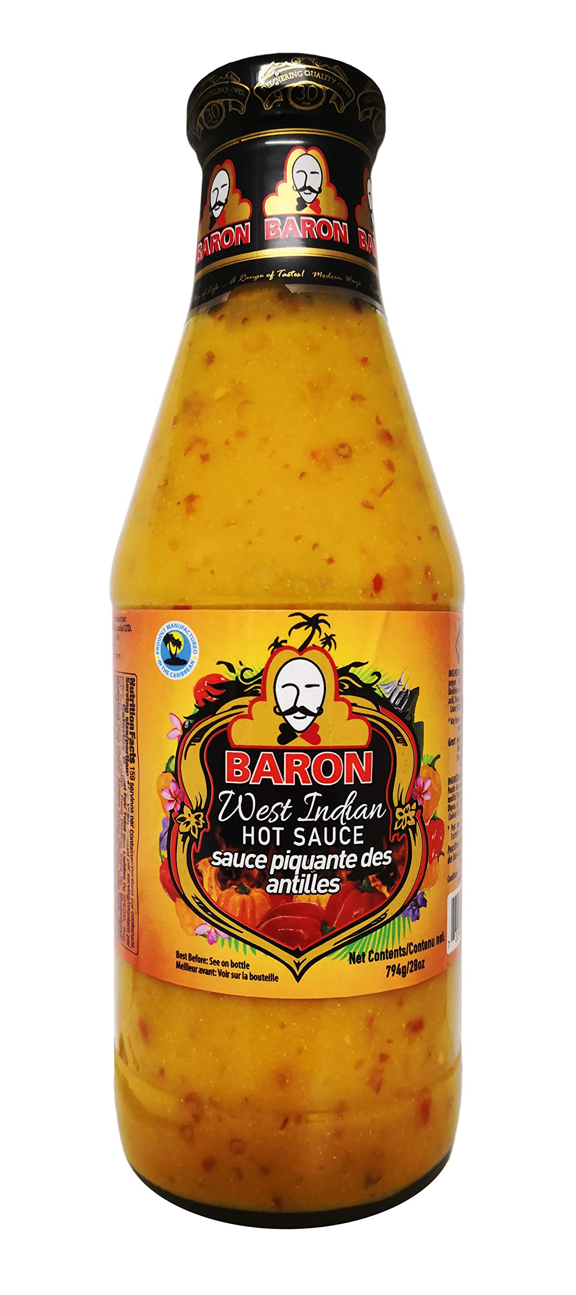 Baron West Indian Hot Sauce bottle with rich color and natural ingredients.