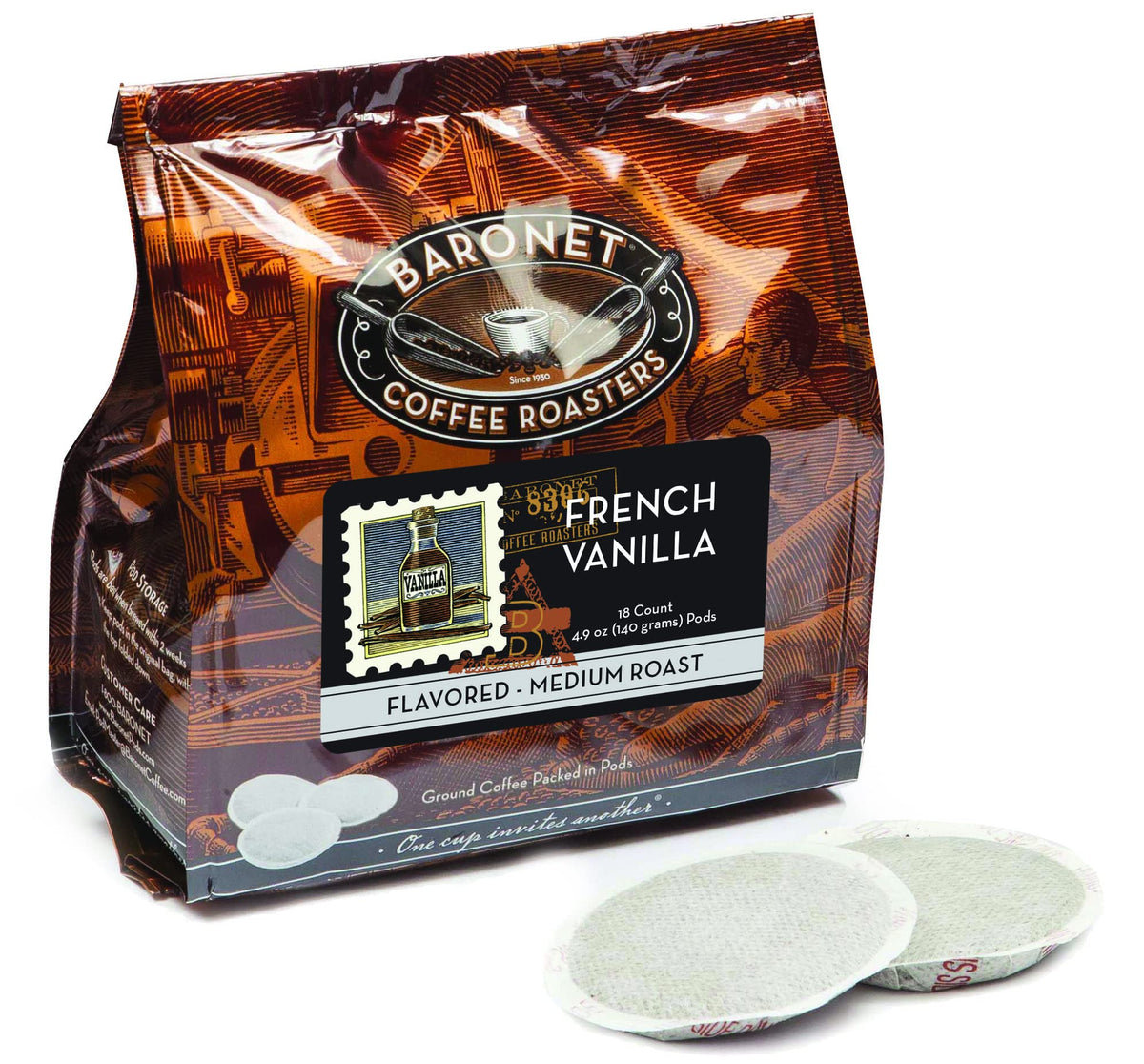 Baronet Coffee French Vanilla pods designed for Senseo machines, quick and flavorful.