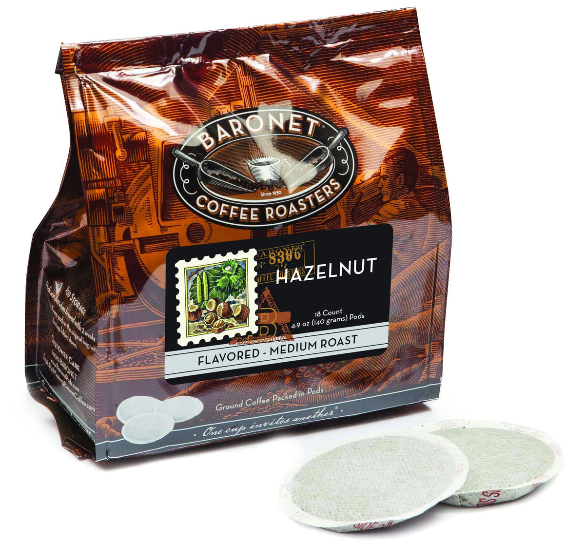 Baronet Coffee Hazelnut Pods pack front; ready for quick, flavorful single-serve mornings.