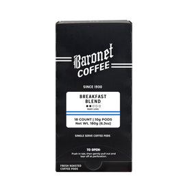 Baronet Breakfast Blend pods in a box, ready for quick mornings