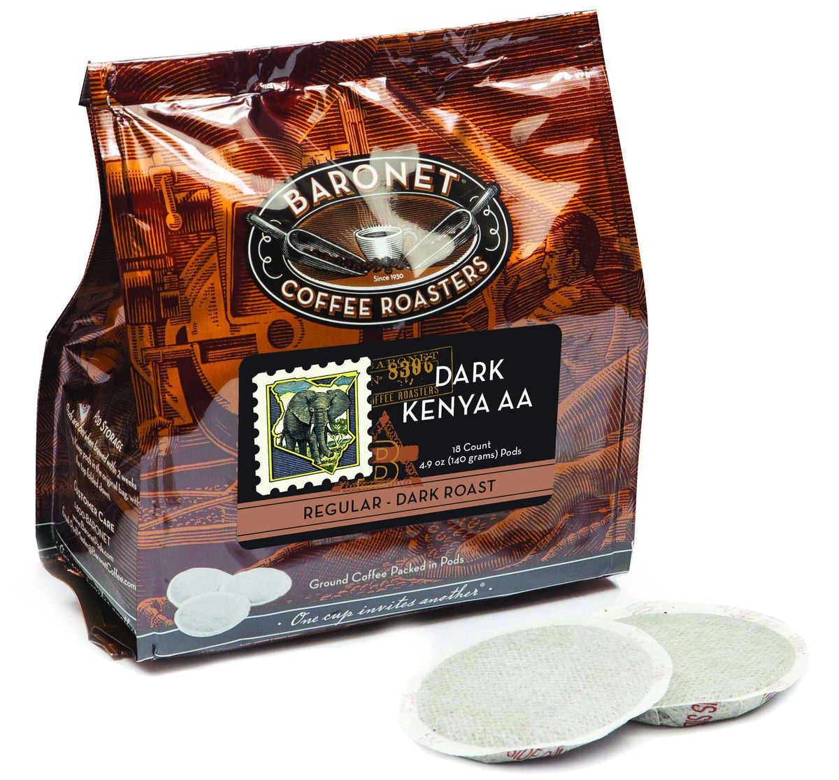 Baronet Coffee Dark Kenya AA pods in pack highlight bold flavor for Senseo machines.