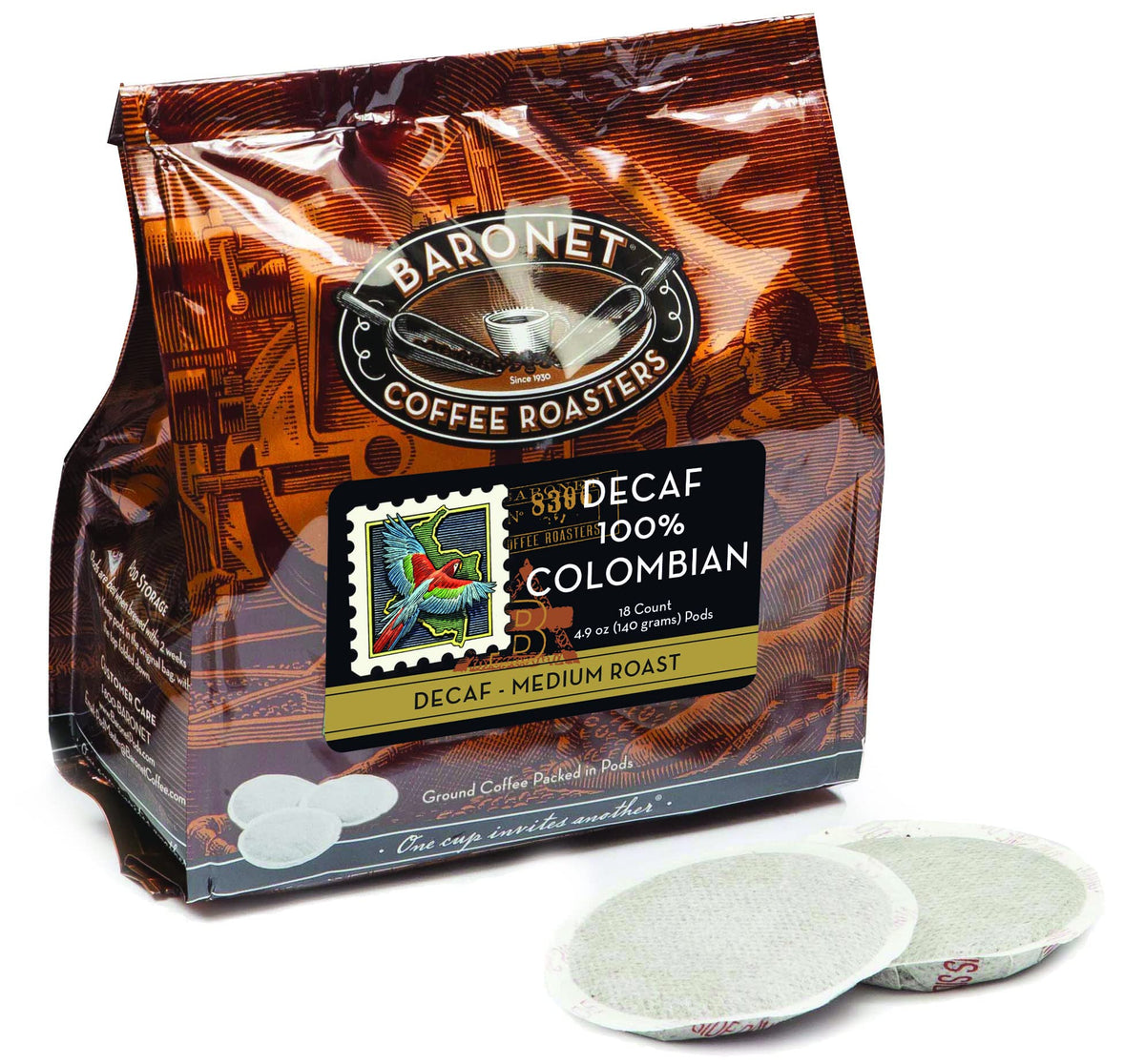 Baronet DECAF Colombian pod close-up showing 8g Arabica for a smooth brew.