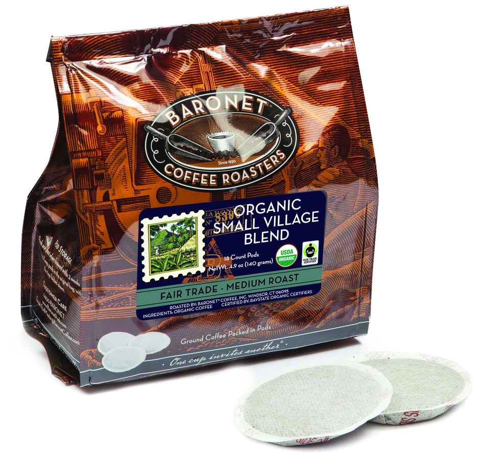 Baronet Coffee Pods front packaging in Small Village edition, highlighting freshness and variety.