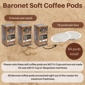 Individually wrapped Baronet pods emphasize freshness and easy grab-and-go brewing.
