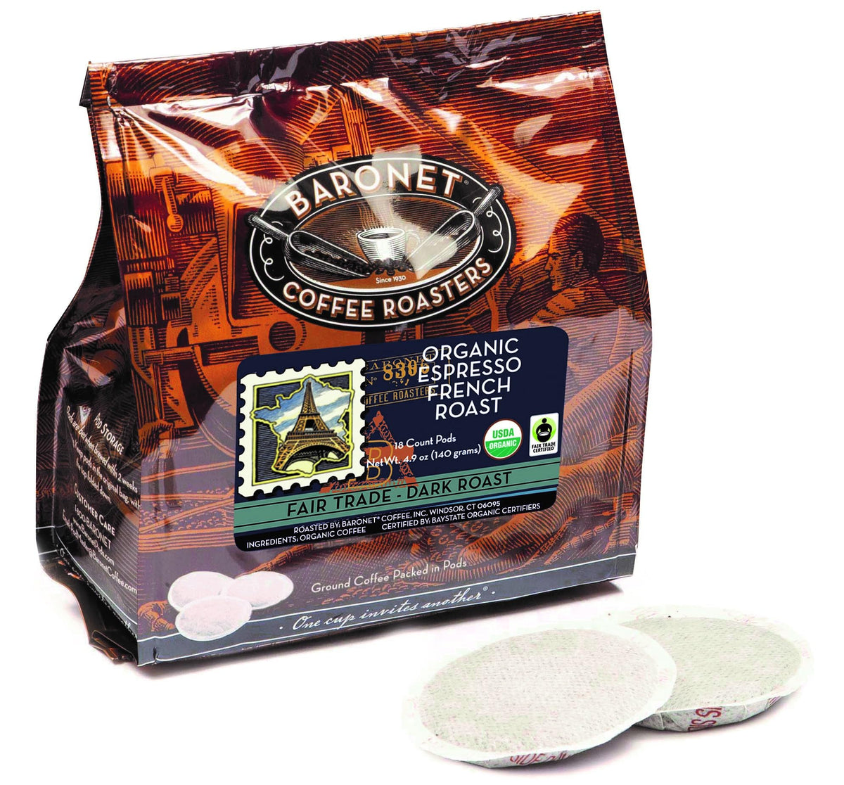 Baronet Coffee Organic Espresso French Roast pods for Senseo, convenient single-serve.