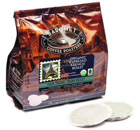 Baronet Coffee Organic Espresso French Roast pods for Senseo, convenient single-serve.
