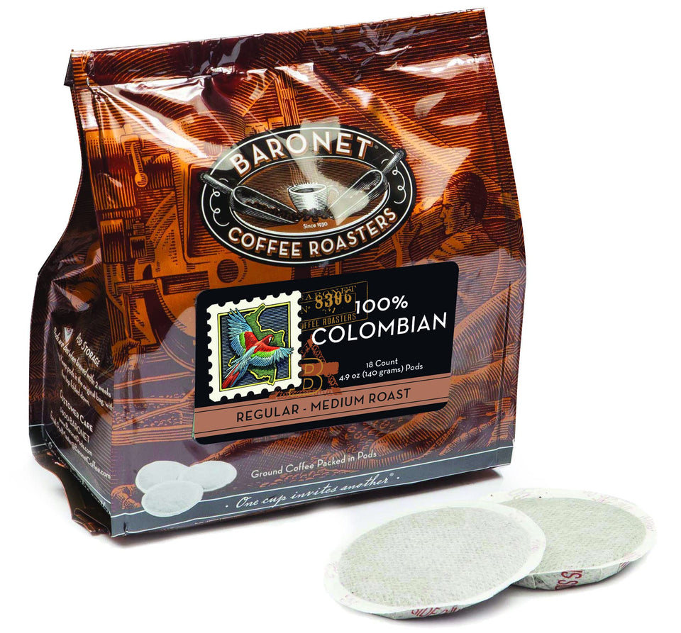 Baronet Coffee pods trio-pack in three bags of 18 each for freshness.