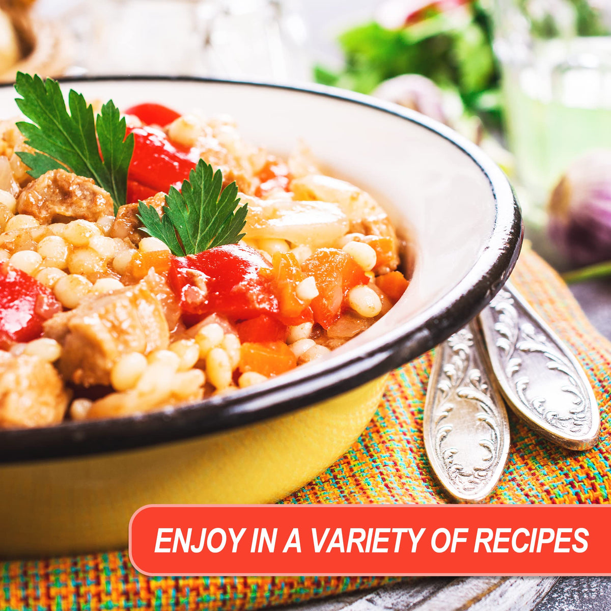 Israeli whole wheat couscous visually paired with salads and casseroles.
