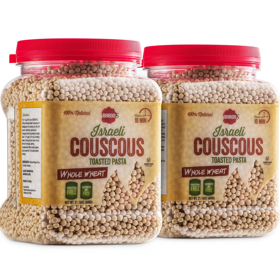 Baron's Israeli whole wheat couscous pearls ready for soups with chewy texture.
