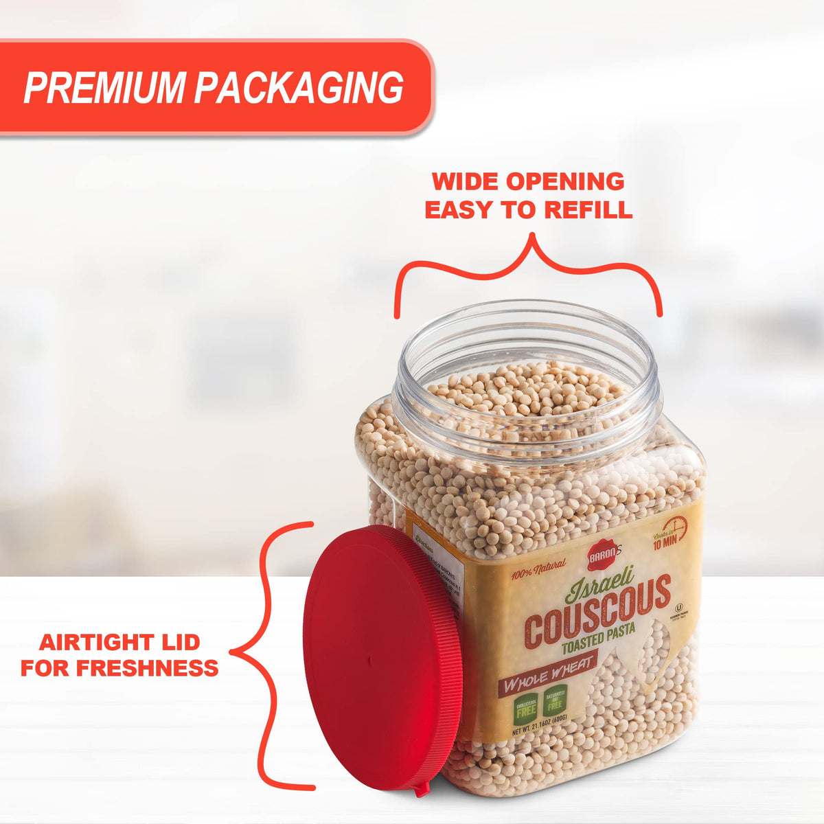 Kosher pareve certification label on couscous packaging from Baron’s.