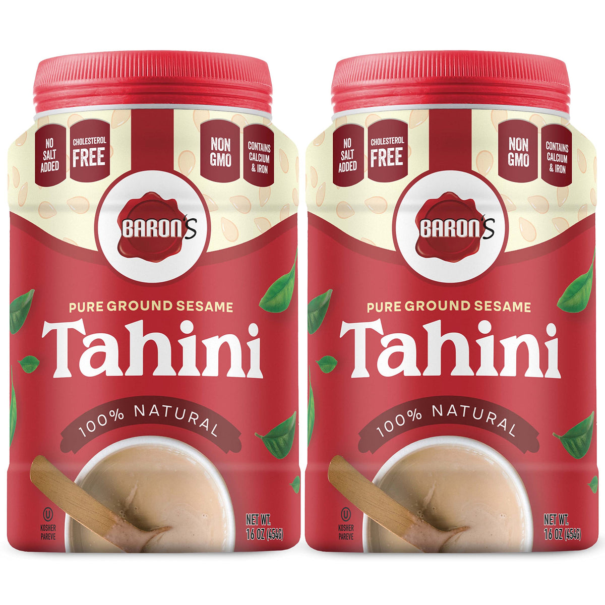 Baron's Kosher tahini jar showing smooth consistency for easy blending.