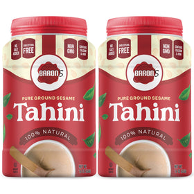 Baron's Kosher tahini jar showing smooth consistency for easy blending.