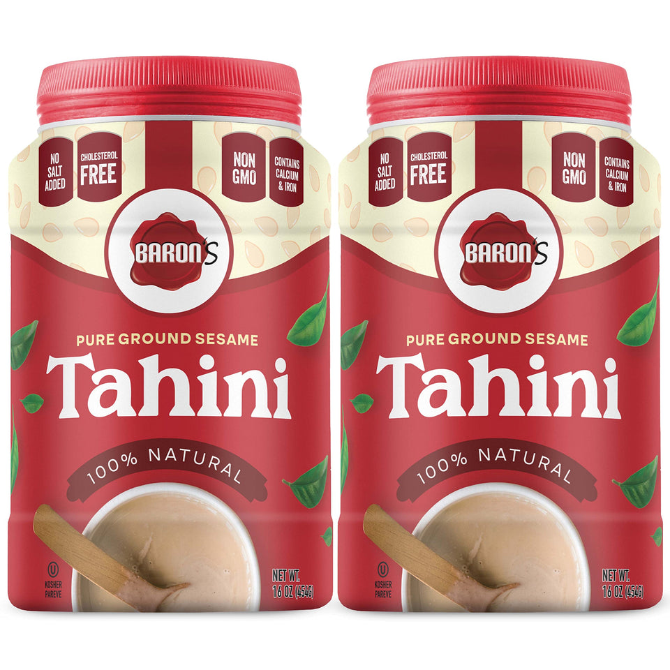Baron's Kosher tahini jar showing smooth consistency for easy blending.