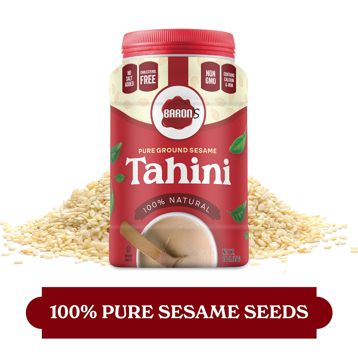 Baron's tahini stone-ground texture near the jar lid.