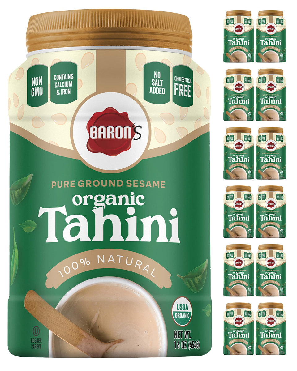Baron's Organic Tahini jar front with creamy texture, perfect for spreads and dips.