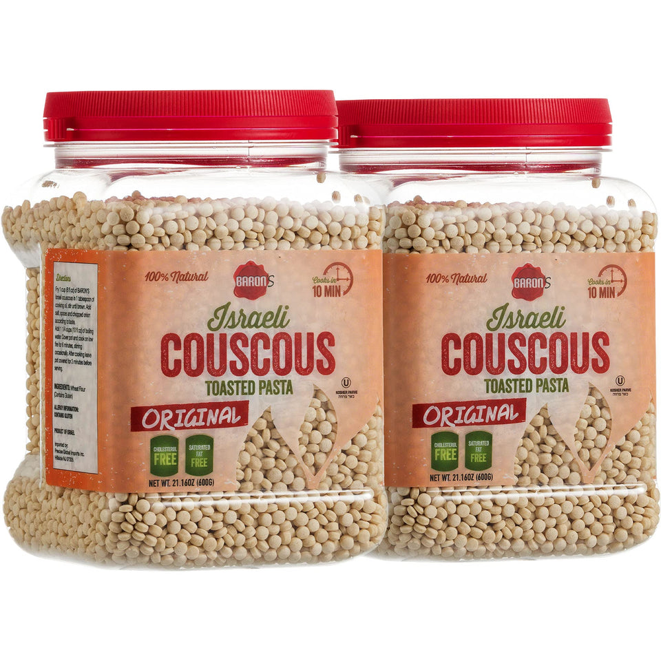Baron's Original Israeli Couscous toasted pasta pearls, ready in minutes for fresh salads.