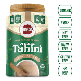 Hummus base swirled with Baron's tahini for rich texture.