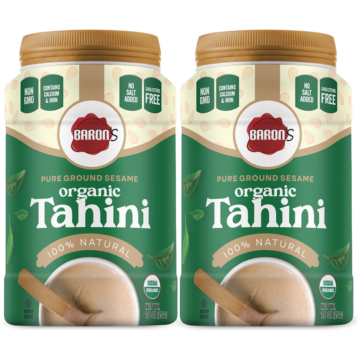 Baron's Organic Tahini paste in two 16 oz jars for creamy hummus and sauces.
