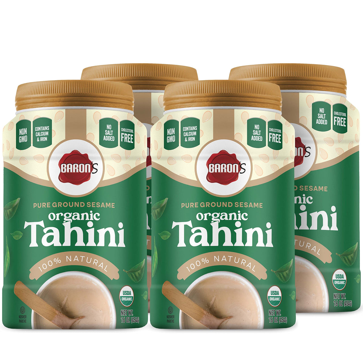 Baron's Tahini jar front view highlights smooth sesame paste ideal for hummus