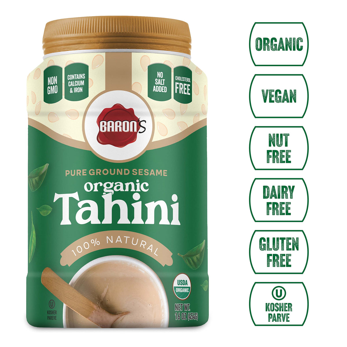 Baron's Tahini close-up reveals ultra-smooth paste ready for hummus.
