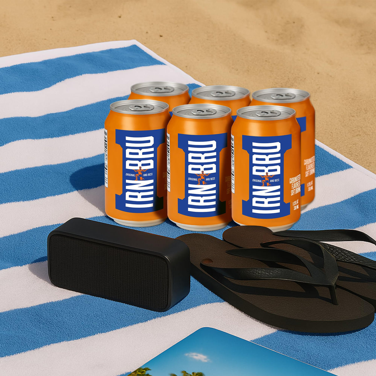 Barr IRN-BRU 8-pack on a table ready for gatherings.