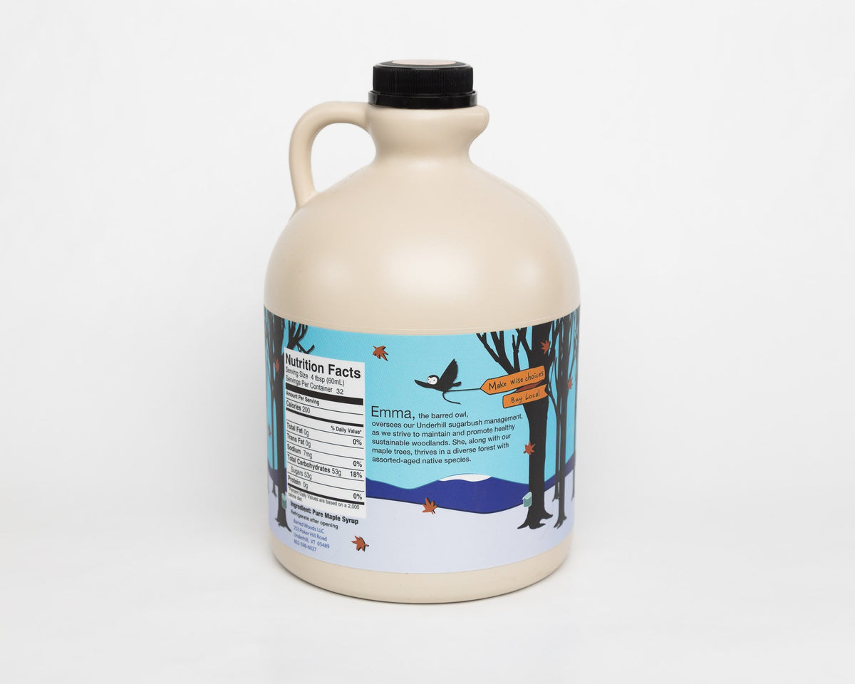 Barred Woods amber rich maple syrup jar showcases premium all natural sweetness