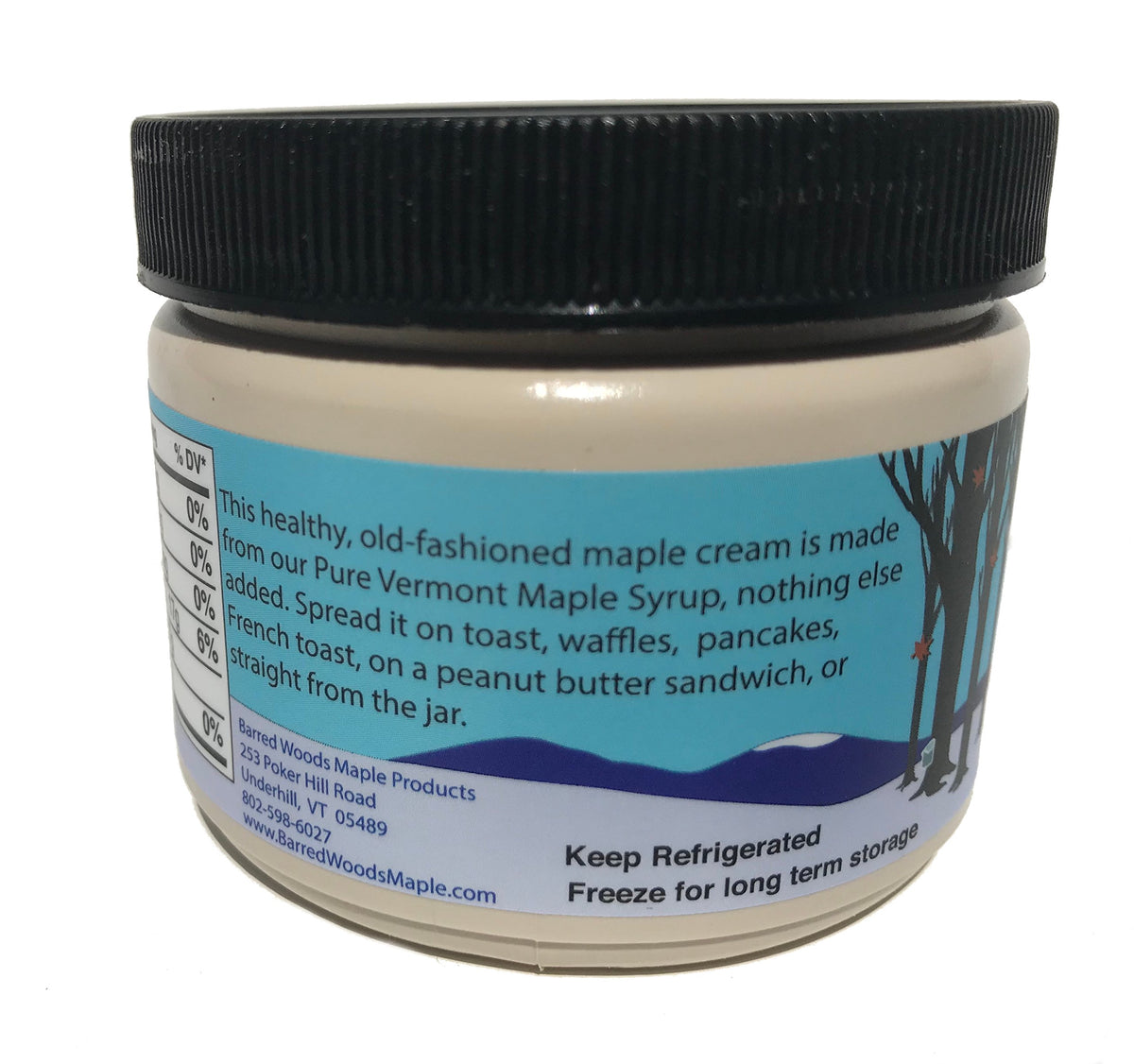 Barred Woods Maple Cream jar on counter, traditional Vermont flavor.