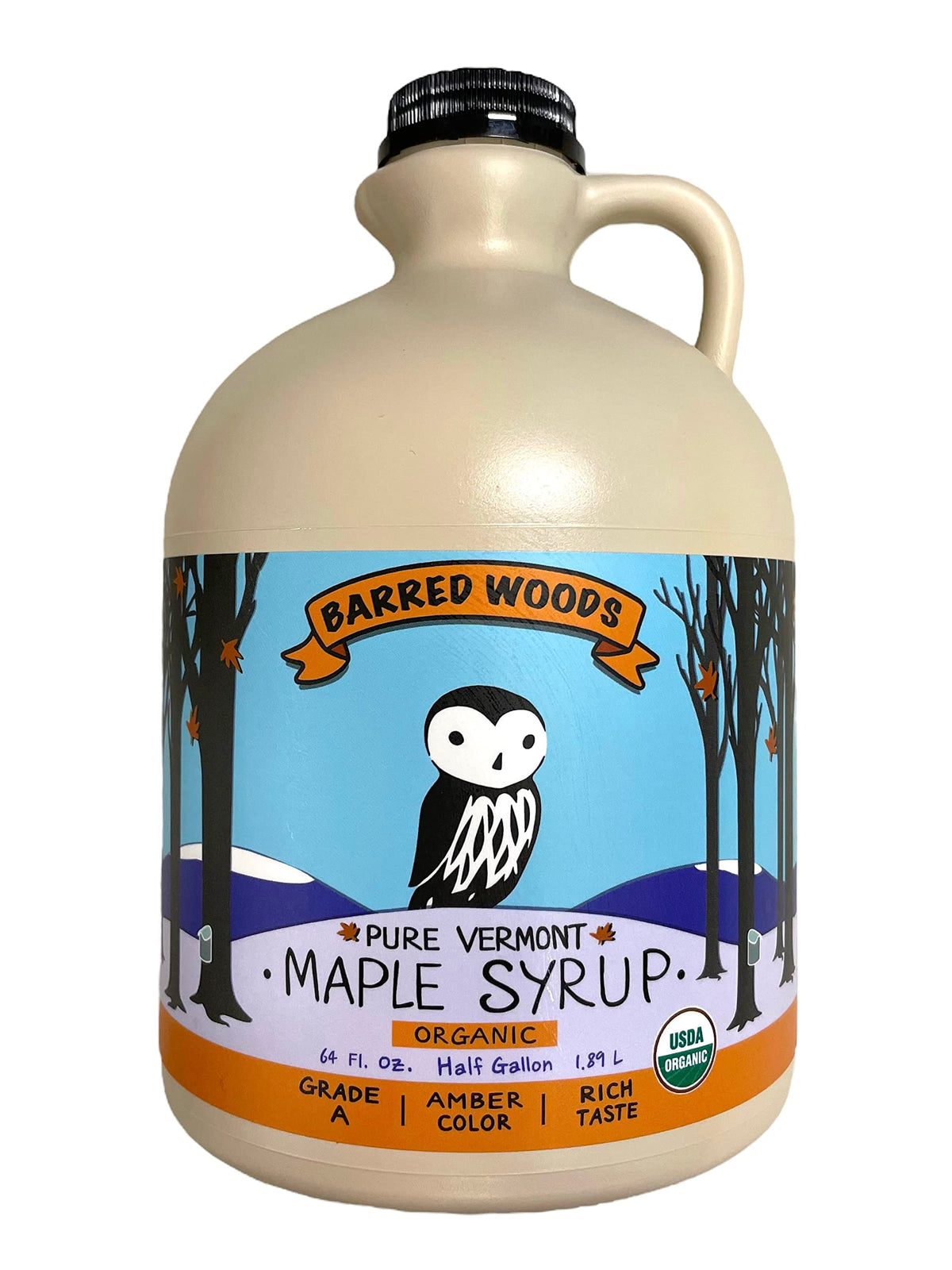 Barred Woods maple half-gallon bottle pour for a smooth breakfast syrup