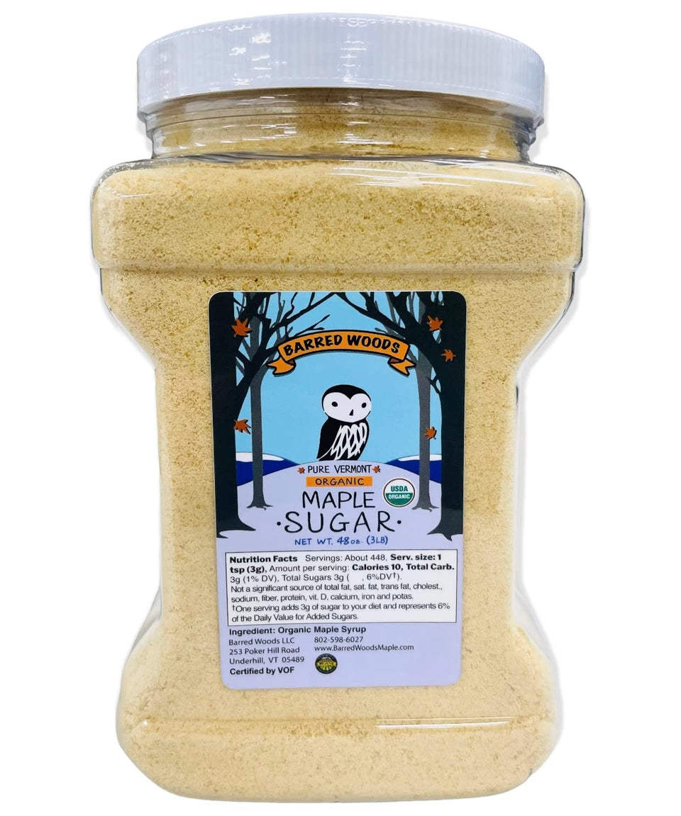 Barred Woods maple sugar jar close-up, all-natural sweetener for coffee and baking