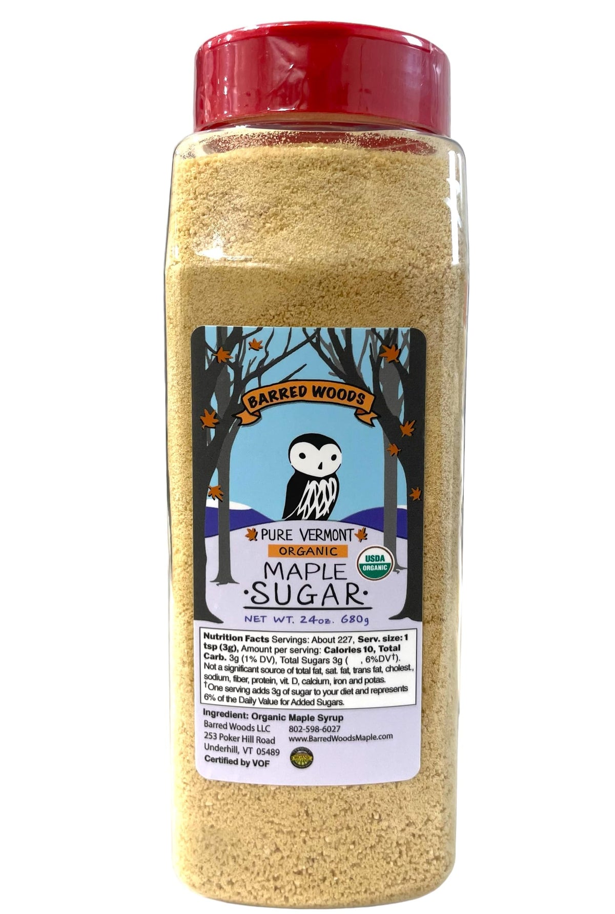 Barred Woods Maple Sugar jar displaying pure organic crystals for everyday cooking.