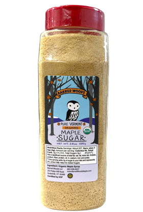 Barred Woods Maple Sugar jar displaying pure organic crystals for everyday cooking.